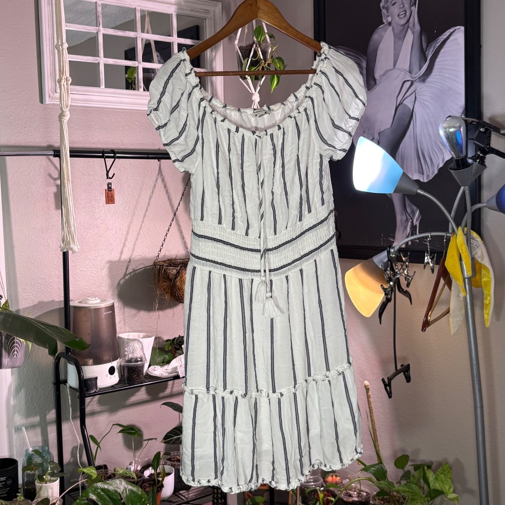 American Eagle Outfitters White Striped Smocked Waist Mini Dress Large L